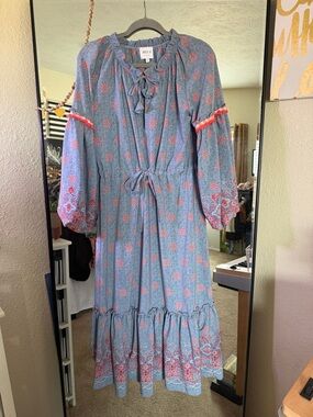 Misa Los Angeles Blue Maxi Dress with Red Floral Medallions